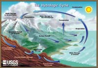 The Water Cycle illustrated showing the migration of water from the oceans to the astmosphere to the land and underground.