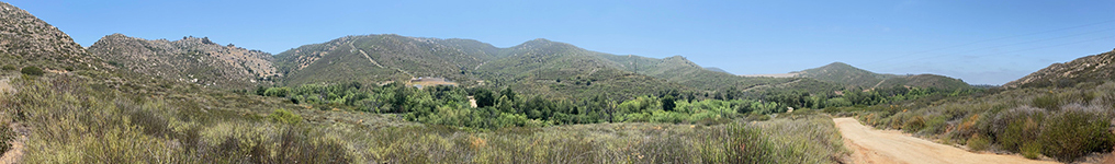Panoramic view of Warren Canyon which includes the Blue Sky Ecological Reserve. Woodson Mountain is along the skyline in the distance.