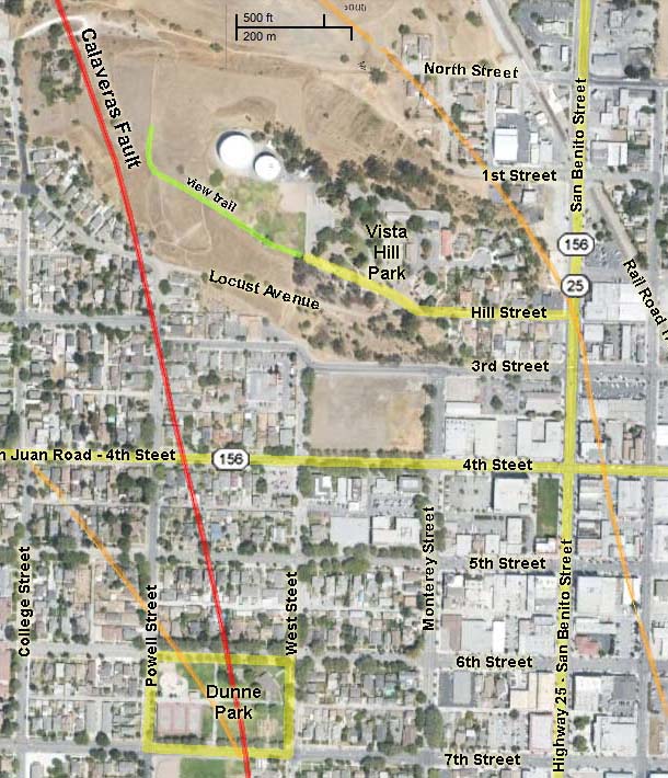 Map of Calaveras Fault in Hollister, California