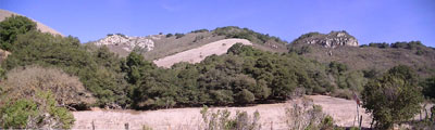 Cliffy outcrops of metavolcanic rocks on mountainside above the Anza Trail