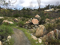 View of the earthen trail passing through a field of large boulders and rocky outcrops.