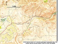 Part of 1947 topographic map of the Rancho Santa Fe 15-minute quadrangle showing the trails area with contour lines.