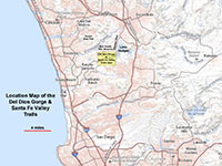 Map of northern San Diego County showing the location of the Del Dios Gorge and Santa Fe Valley Trails.
