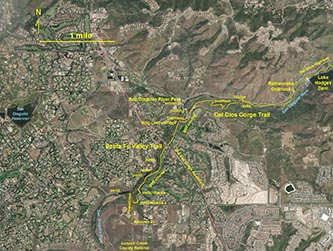 Satellite map of the Del Dios Gorge and Santa Fe Valley Trails area.