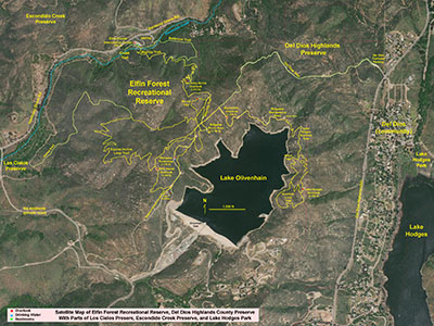 Satellite ap of the Del Dios Highlands region with Elfin Forest and Lake Hodges areas.