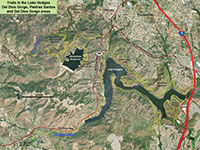  Satellite map of the mountainous landscape in the Elfin Forest, Del Dios Highlands, and Lake Hodges region. Olivenhain Reservoir is visible.