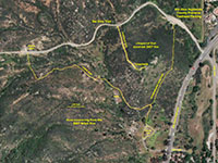 Satellite aeral view of the lower part of the Del Dios Trail area showing a small side trail that loops through the chaparral back to the parking area.