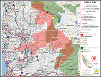 Map of the 2007 Witch Fire burn area. The burn area is shown in pink covering much of the Highland Terraces region.
