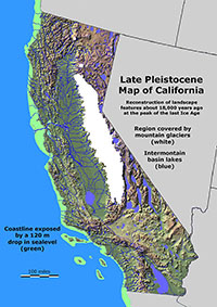A map of California as it may have appeared during the peak of the last ice age when glaciers covered the Sierra Nevada Range, lakes filled basin areas, forests covered landscapes, and sea level was lower so the continental shelf was an exposed coastal plain.