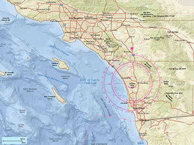 Road maps with topography and bathymetry of Southern California with a map rose direction finder centered on Double Peak. 