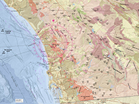 Regional geologic map of San Diego County with a map rose direction finder centered on Double Peak. 