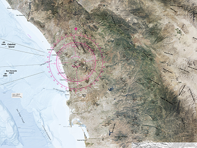 Satellite map of San Diego County with a map rose direction finder centered on Double Peak. 