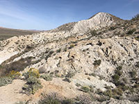 View looking south at the sheared and altered white granitic bedrock along lower Moonlight Canyon.
