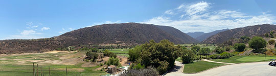 Panoramic view from the balcony of the Eagle Glen Golf Club restaurant of Beford Wash valley near where the Glen Ivy Fault section crosses the valley. A shutter ridge runs across the golf course area.