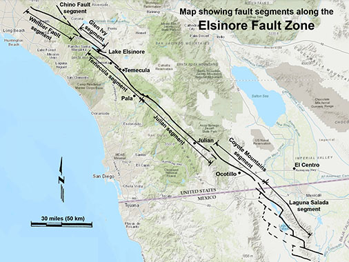 Map showing segments of the Elsinore Fault Zone.