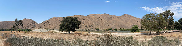 Panoramic view of Lee Lake, a modified sag pond area in the Temescal Wash canyon. Lee Lake is the official USGS name; the name Corona Lake was added later.