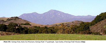 Santiago Peak (elevation 5,689 ft) is the highest peak in the Santa Ana Mountains to the southwest of Temescal Valley (Elsinore Trough).
