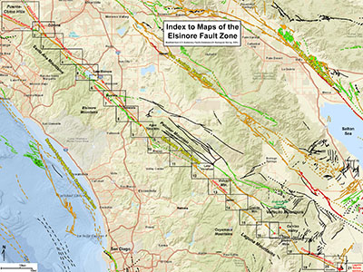 Map of the Elsinore Fault zone between southern Los Angeles and the Mexico Border regions with small numbered boxes around more detailed map locations.