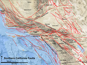 Southern California fault lines and blind faults shown on a satellite map with major cities and fault labeled and with bathymetry.