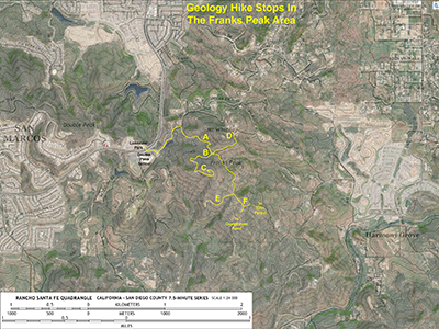Satellite map showing the trails in the Franks Peak field trip area in the San Elijo Hills area.
