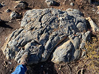 Pillow-like forms on a basalt bedrock outcrop on Franks Peak near the flag pole.
