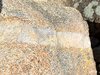 An aplite dike cutting across a granitic boulder.