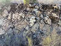 Fractured basalt bedrock along trail cut on Franks Peak Trail.