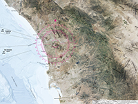 Satellite map of the San Diego region showing the location of mountain peaks . Map has a n orientation rose for direction calculation.