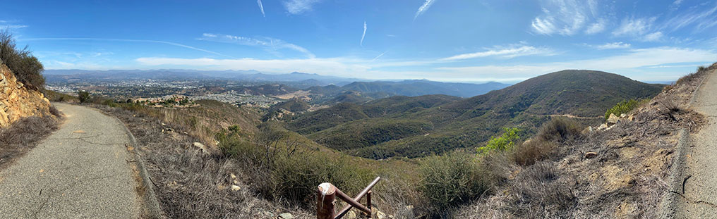Panoramic View to the south and east from Mt. Whitney Peak access road. Franks Peak is to the right, neighborhoods of Escondido are on the left.