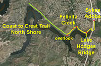 Map of the east end of the North Shore trail near the Lake Hodges Bridge and I-15.