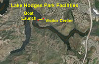 Map of the Lake Hodges Park facilities area with boat launch areas.