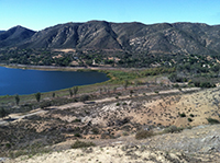 View from the Boulder Highlands Trail of the east end of Lake Hodges, the forested community of Del Dios, and the Del Dios Highlands in the vicinity of the Lake Hodges Overlook on the ridgeline.