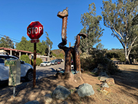 Hodgee tree carving statue near stop sign in Del Dios Community Park.
