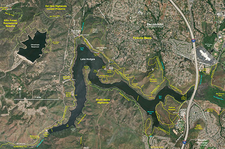 Trail Map of the Lake Hodges region on a satellite image background.