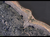 Satellite view of prehistoric debris flow deposits along the Fltecher Point Trail on the south shore of Lake Hodges.