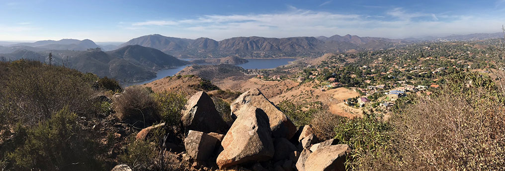 View looking west from the top of Bernardo Mountain with Lake Hodges, the Felicita community, and the Del Dios Highlands in the distance.