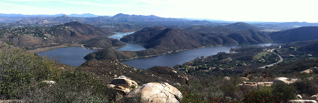 Panoramic view looking east from the Lake Hodges Overlook area in the Elfin Forest/Del Dios Highlands area.