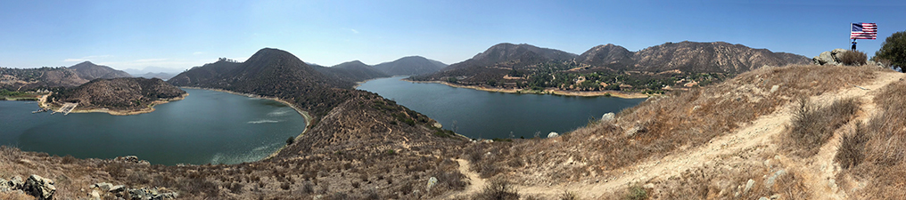 Panoramic view centered on looking west along the peninsula on Lake Hodges from the "Blue Stone Chair" near the Flag Pole.