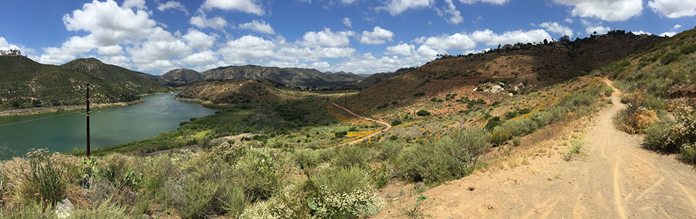 Panoramic view from the North Shore upper bike trail looking west toward the gap of the old stream terrace.