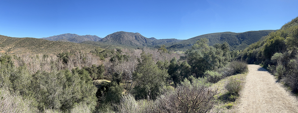 Panoramic view showing the lower Pamo Valley Trail and showing the forested valley and the chaparral-coved mountainsides. The rolling skyline that partly reveals the character the deeply erosionally dissected plateau and highlands of the <em><strong>Area of the "Old Erosion Surface."