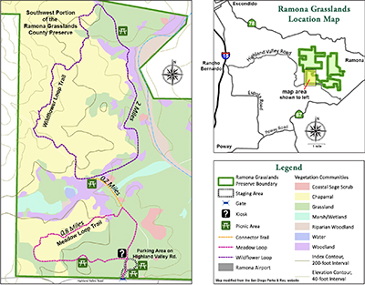 Map of the hiking trails and vegetation communities in the Ramoa Grasslands County Preserve.