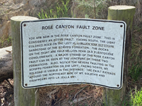The sign describing the Rose Canyon Fault in Tecolote Community Park has a paragraph describing the fault setting.