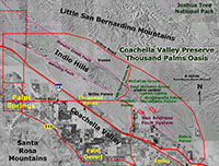 Satellite map showing the trace of the San Adreas Fault Zone in the Indio Hills area and the Coachella Valley Preserve. 