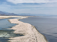 View looking north along a narrow barrier beach consisting of barnacle shell sand along the western shore of the Salton Sea.