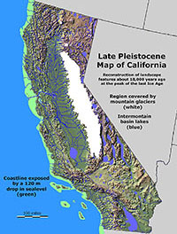 Ice age map of CA showing the the extent of glaciers in the Sierra Nevada Range, lakes in the intermountain basins, and the exposed continental shelf.
