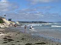 View of San Elijo State Beach in the late winter after storm erosion stripped most of the sand away from the beach.
