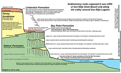 Stratigraphy diagram illustrating the general character of named rock formations exposed along San Elijo State Beach and along the valley hillsides next to San Elijo Lagoon. Note that the diagram is not to scale.