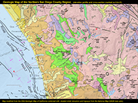 Geologic map of northen San Diego County region with elevation profile line used for geologic history diagrams.