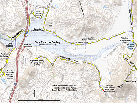Map of the western part of San Pasqual Valley showing the location of the Highland Valley Trail, Mule Hill Trail, and other trails in the area.