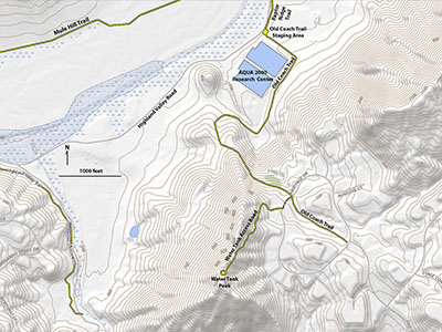 Topographic map of the Old Coach Trail area and trail to the top of 